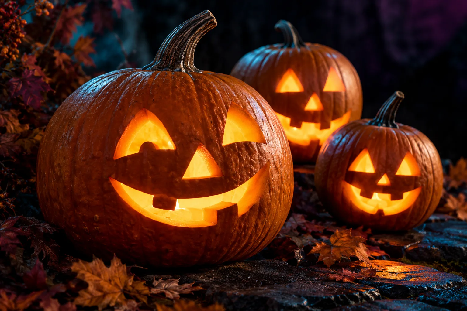 Glowing jack-o’-lanterns on an autumn evening; illustrative image