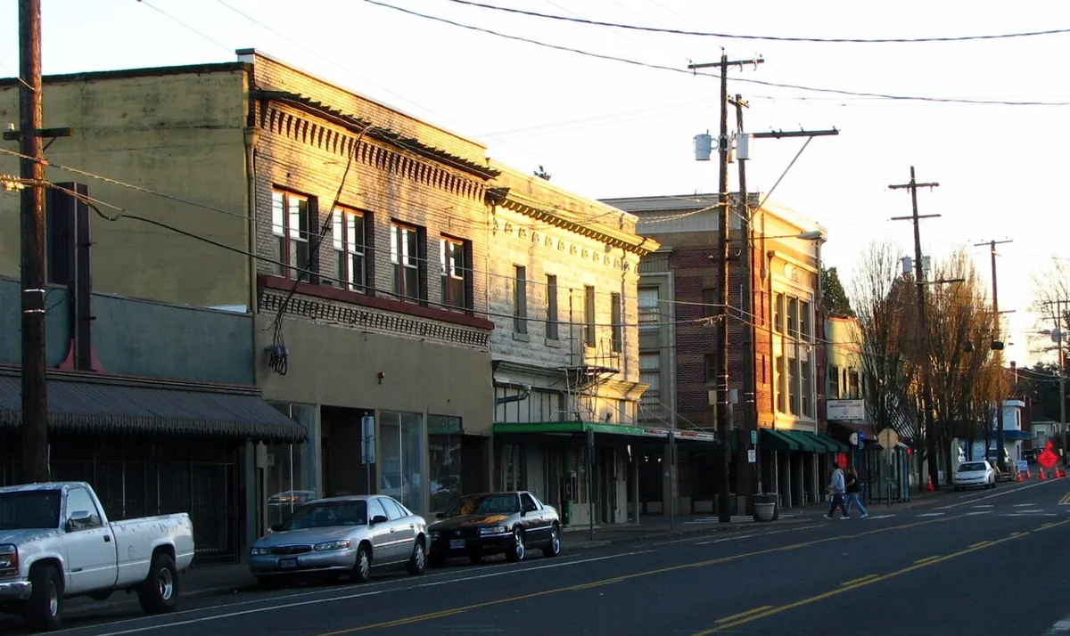 Historic buildings along North Denver Avenue, Kenton Commercial Historic District, Portland, 2009 · Neighborhood landmark; Halloween participation not implied