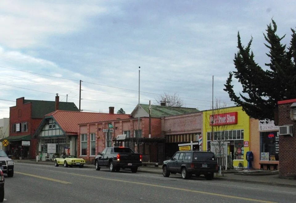 Main Street in downtown Tigard, Oregon, photographed January 23, 2009. Location context; Halloween activity is not pictured.